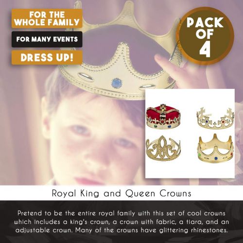  Blue Panda Gold Crown - 4-Pack Royal King and Queen Jeweled Costume Accessories, Party Hat