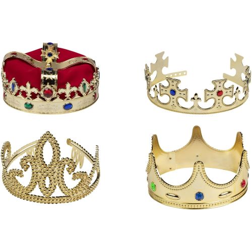  Blue Panda Gold Crown - 4-Pack Royal King and Queen Jeweled Costume Accessories, Party Hat