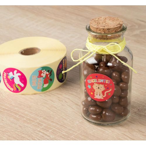  [아마존베스트]Blue Panda Reward Stickers - 1000-Count Spanish Encouragement Sticker Roll for Kids, Motivational Stickers with Cute Animals for Students, Teachers, Classroom Use, 8 Designs, 1.5 I