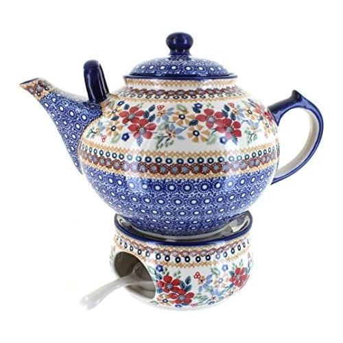  Blue Rose Pottery Blue Rose Polish Pottery Red Daisy Large Teapot & Warmer