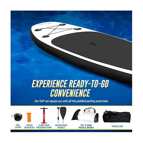  Portable Inflatable Stand Up Paddle Board Kit with Pump, Backpack, Coil Leash, and Repair Kit, SUP 350 Pound Limit, 11 Feet by 34 Inches