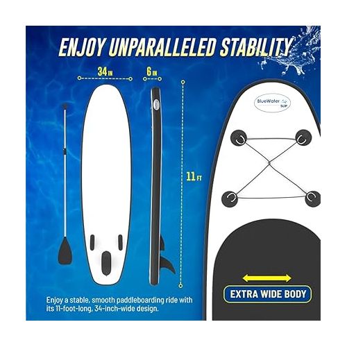  Portable Inflatable Stand Up Paddle Board Kit with Pump, Backpack, Coil Leash, and Repair Kit, SUP 350 Pound Limit, 11 Feet by 34 Inches