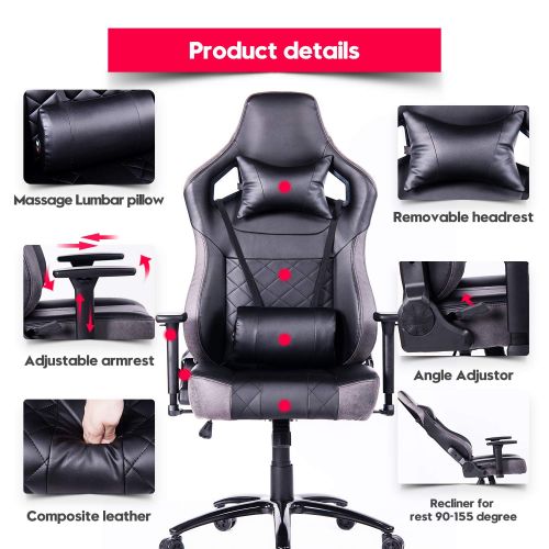  Blue Whale Big and Tall Gaming Chair PC Computer Video Gaming Chair with Massage Lumbar Cushion Ergonomic Gamer PU Leather Chair High Back Office Desk Reclining Chair with Heavy Du