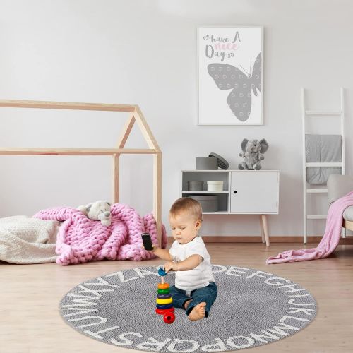  Blue page Round Kids Playroom ABC Rug - Soft Alphabet Nursery Rug for Bedroom - Playtime Collection, Learning & Game Carpet for Classroom, Best Shower Gift for Infant Toddlers (47, Grey Whit