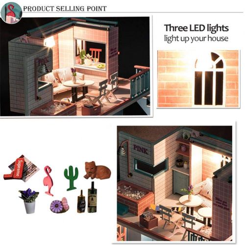  Blue--net DIY Wooden Miniature Dollhouse Kit with Doll & Music, Mini House Woodcraft Construction Kit-3D Wooden Puzzle-Model Building Set DIY Cabin Wooden Villa Gift for Christmas Holiday Bi