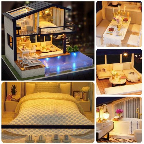  Blue--net DIY Wooden Miniature Dollhouse Kit with Doll & Music, Mini House Woodcraft Construction Kit-3D Wooden Puzzle-Model Building Set DIY Cabin Wooden Villa Gift for Christmas Holiday Bi