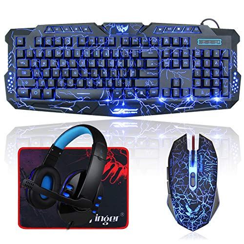  BlueFinger Backlit Gaming Keyboard and Mouse and LED Headset Combo,USB Wired 3 Color Crack Backlit Keyboard,Blue LED Light Gaming Headset,Gaming Keyboard Mouse Headphone Set for Wo