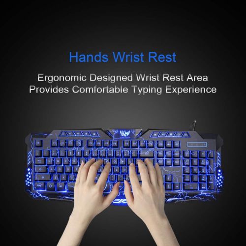  BlueFinger Backlit Gaming Keyboard and Mouse and LED Headset Combo,USB Wired 3 Color Crack Backlit Keyboard,Blue LED Light Gaming Headset,Gaming Keyboard Mouse Headphone Set for Wo