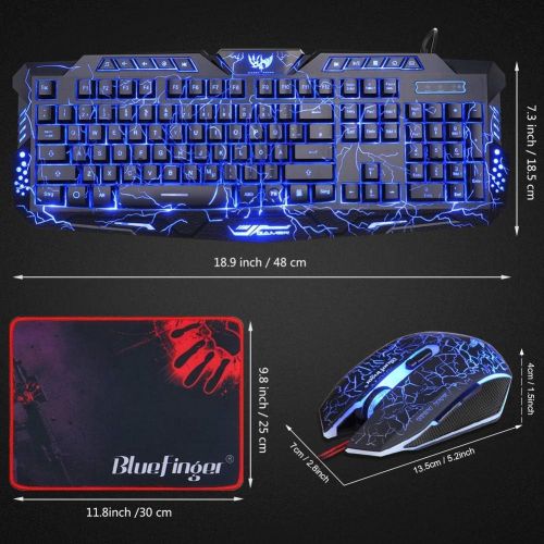  BlueFinger Backlit Gaming Keyboard and Mouse and LED Headset Combo,USB Wired 3 Color Crack Backlit Keyboard,Blue LED Light Gaming Headset,Gaming Keyboard Mouse Headphone Set for Wo