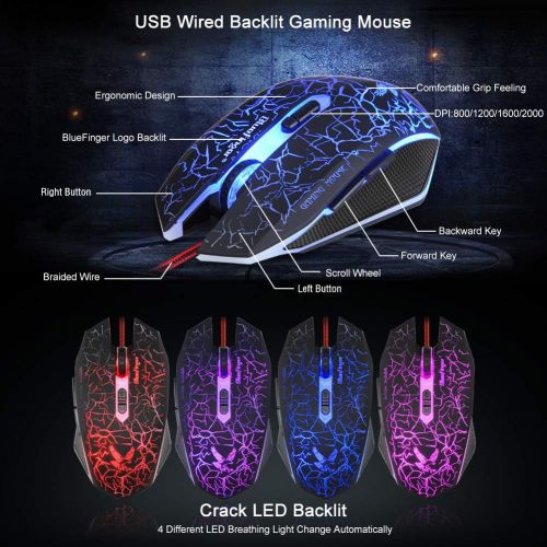  BlueFinger Backlit Gaming Keyboard and Mouse and LED Headset Combo,USB Wired 3 Color Crack Backlit Keyboard,Blue LED Light Gaming Headset,Gaming Keyboard Mouse Headphone Set for Wo