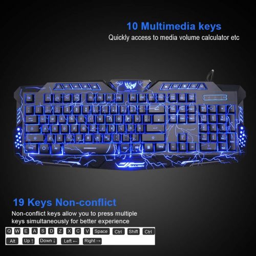  BlueFinger Gaming Keyboard and Mouse,USB Wired Backlit Gaming Mouse and Keyboard Combo,Letters Glow, 3 Color Crack Backlit,Illumination Keyboard and Mouse Set for Game and Work