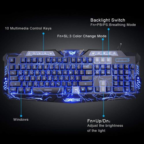  BlueFinger Gaming Keyboard and Mouse,USB Wired Backlit Gaming Mouse and Keyboard Combo,Letters Glow, 3 Color Crack Backlit,Illumination Keyboard and Mouse Set for Game and Work