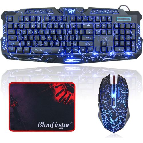  BlueFinger Gaming Keyboard and Mouse,USB Wired Backlit Gaming Mouse and Keyboard Combo,Letters Glow, 3 Color Crack Backlit,Illumination Keyboard and Mouse Set for Game and Work