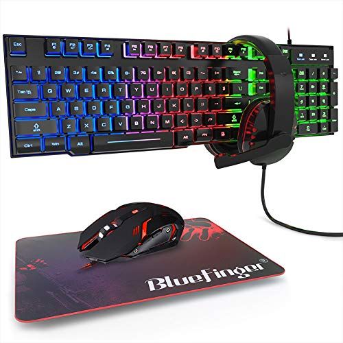  BlueFinger RGB Gaming Keyboard and Backlit Mouse and Headset Combo,USB Wired Backlit Keyboard,LED Gaming Keyboard Mouse Set,Headset with Microphone for Laptop PC Computer Game and