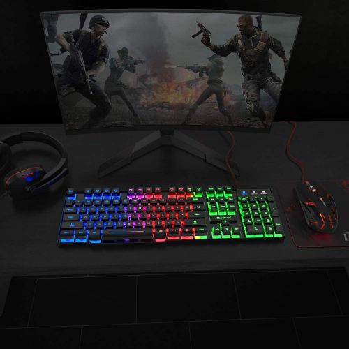  BlueFinger RGB Gaming Keyboard and Backlit Mouse and Headset Combo,USB Wired Backlit Keyboard,LED Gaming Keyboard Mouse Set,Headset with Microphone for Laptop PC Computer Game and