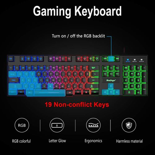  BlueFinger RGB Gaming Keyboard and Backlit Mouse and Headset Combo,USB Wired Backlit Keyboard,LED Gaming Keyboard Mouse Set,Headset with Microphone for Laptop PC Computer Game and