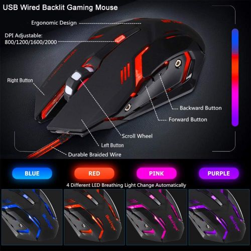  BlueFinger RGB Gaming Keyboard and Backlit Mouse and Headset Combo,USB Wired Backlit Keyboard,LED Gaming Keyboard Mouse Set,Headset with Microphone for Laptop PC Computer Game and