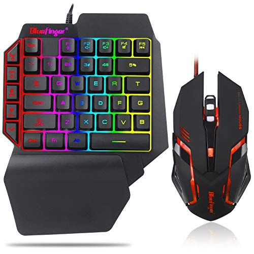  BlueFinger One Hand RGB Gaming Keyboard and Backlit Mouse Combo,USB Wired Rainbow Letters Glow Single Hand Mechanical Feeling Keyboard with Wrist Rest Support, Gaming Keyboard Set for Game