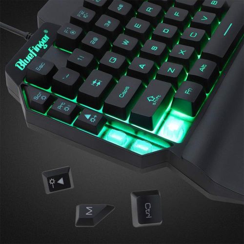  BlueFinger One Hand RGB Gaming Keyboard and Backlit Mouse Combo,USB Wired Rainbow Letters Glow Single Hand Mechanical Feeling Keyboard with Wrist Rest Support, Gaming Keyboard Set for Game