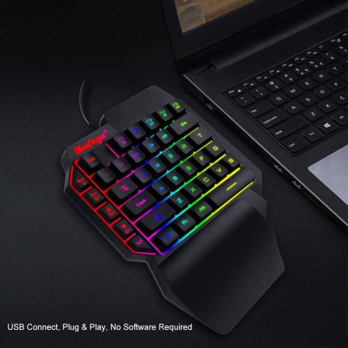  BlueFinger One Hand RGB Gaming Keyboard and Backlit Mouse Combo,USB Wired Rainbow Letters Glow Single Hand Mechanical Feeling Keyboard with Wrist Rest Support, Gaming Keyboard Set for Game