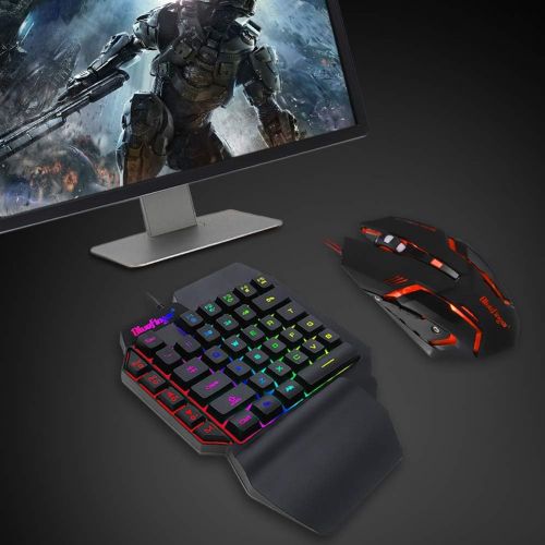  BlueFinger One Hand RGB Gaming Keyboard and Backlit Mouse Combo,USB Wired Rainbow Letters Glow Single Hand Mechanical Feeling Keyboard with Wrist Rest Support, Gaming Keyboard Set for Game