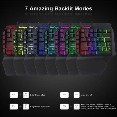  BlueFinger One Hand RGB Gaming Keyboard and Backlit Mouse Combo,USB Wired Rainbow Letters Glow Single Hand Mechanical Feeling Keyboard with Wrist Rest Support, Gaming Keyboard Set for Game