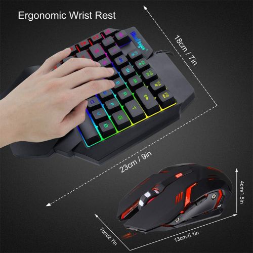  BlueFinger One Hand RGB Gaming Keyboard and Backlit Mouse Combo,USB Wired Rainbow Letters Glow Single Hand Mechanical Feeling Keyboard with Wrist Rest Support, Gaming Keyboard Set for Game