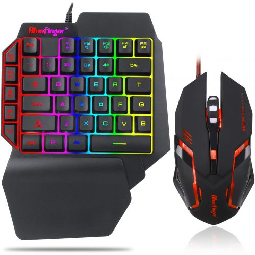  BlueFinger One Hand RGB Gaming Keyboard and Backlit Mouse Combo,USB Wired Rainbow Letters Glow Single Hand Mechanical Feeling Keyboard with Wrist Rest Support, Gaming Keyboard Set for Game