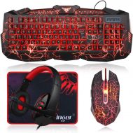 [아마존베스트]BlueFinger Gaming Keyboard Mouse Headset Combo,USB Wired Crack Backlit Keyboard,114 Keys Letters Glow LED Keyboard,Red LED Light Headset for Laptop PC Computer Work and Game