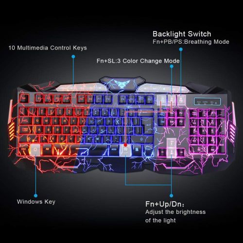  [아마존베스트]BlueFinger Gaming Keyboard Mouse Headset Combo,USB Wired Crack Backlit Keyboard,114 Keys Letters Glow LED Keyboard,Red LED Light Headset for Laptop PC Computer Work and Game