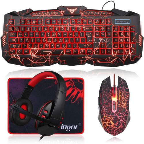  [아마존베스트]BlueFinger Gaming Keyboard Mouse Headset Combo,USB Wired Crack Backlit Keyboard,114 Keys Letters Glow LED Keyboard,Red LED Light Headset for Laptop PC Computer Work and Game