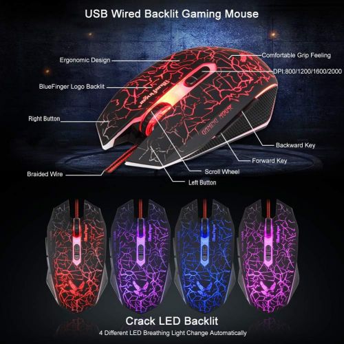  [아마존베스트]BlueFinger Gaming Keyboard Mouse Headset Combo,USB Wired Crack Backlit Keyboard,114 Keys Letters Glow LED Keyboard,Red LED Light Headset for Laptop PC Computer Work and Game