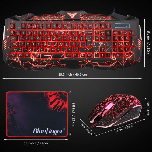  [아마존베스트]BlueFinger Gaming Keyboard Mouse Headset Combo,USB Wired Crack Backlit Keyboard,114 Keys Letters Glow LED Keyboard,Red LED Light Headset for Laptop PC Computer Work and Game