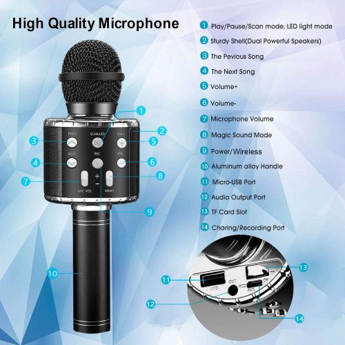  BlueFire Wireless 4 in 1 Bluetooth Karaoke Microphone with LED Lights, Portable Microphone for Kids, Best Gifts Toys for 4 6 8 10 12 Year Old Girls Boys (Black)