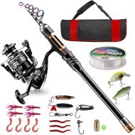 BlueFire Fishing Rod Kit, Carbon Fiber Telescopic Fishing Pole and Reel Combo with Spinning Reel, Line, Lure, Hooks and Carrier Bag, Fishing Gear Set for Beginner Adults Saltwater
