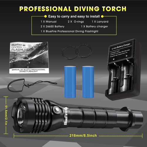  BlueFire Professional 2000LM CREE XHP-50 Scuba Diving Flashlight Submarine Light 150M Underwater Diving Torch Light with 26650 Batteries and Charger