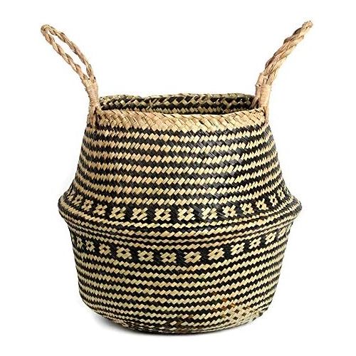  BlueMake Woven Seagrass Belly Basket for Storage Plant Pot Basket，Laundry, Picnic，Decorative Living ，Laundry Room& Bedroom (Small，Cross Pattern)