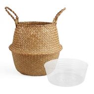 BlueMake Woven Seagrass Belly Basket with Handles for Storage Plant Pot Basket,Toy, Laundry, Picnic and Grocery Basket with Plastic Tray(Small,Black)