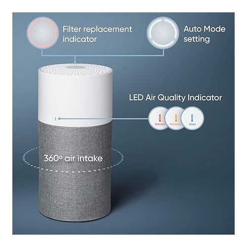  BLUEAIR Bedroom Air Purifier, Air Cleaner Dust Pet Dander Smoke Mold Pollen Bacteria Virus Allergen, Odor Removal, for Home Office Kitchen, Washable Pre Filter, HEPASilent, Medium Room, Blue 311 Auto