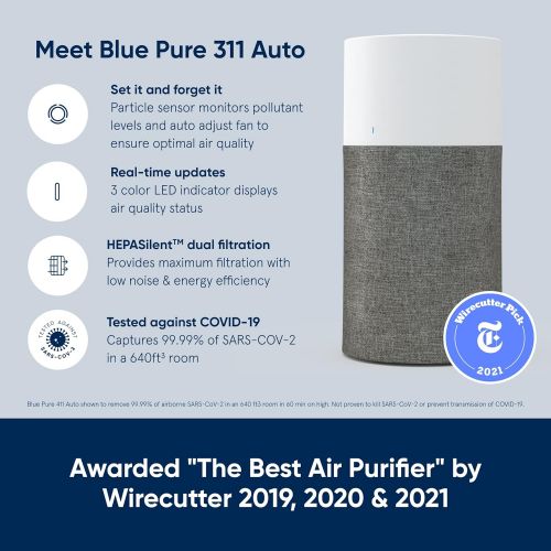  Blueair Blue Pure 311 Auto Medium Room Air Purifier with Auto mode for allergies, pollen, dust smoke, pet dander, viruses and bacteria with HEPASilent technology and washable pre-f