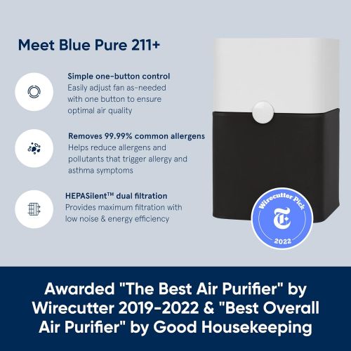  [무료배송]블루에어 블루퓨어 공기청정기 Blueair Blue Pure 211+ Air Purifier 3 Stage with Two Washable Pre, Particle, Carbon Filter, Captures Allergens, Odors, Smoke, Mold, Dust, Germs, Pets, Smokers, Large Room, Blue