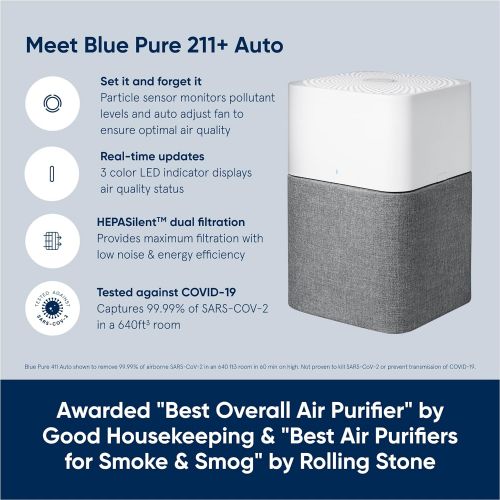  BLUEAIR Blue 211+ Auto HEPASilent 23dB Air Purifier for Large Rooms up to 2640sqft, Wildfire, Removes 99.97% of Smoke Allergens Pollen Dust Pet Odor Virus, Washable Pre-Filter, Gra