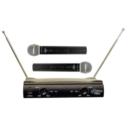  Pyle Pro Dual Microphone System - Channel VHF Professional Wireless Set w 2 Handheld Microphones, Receiver Base, 14 Audio Connection Cable, 2 9V Battery - For Karaoke, PA, Public