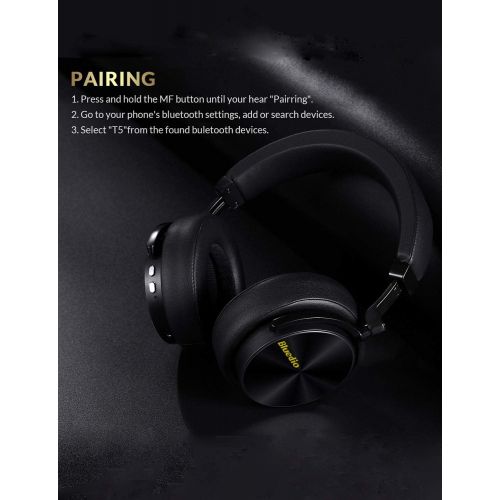  [아마존 핫딜] [아마존핫딜]Bluedio T5 Active Noise Cancelling Headphones Over Ear Wireless Bluetooth Headphones with Mic Portable Stereo Headsets for Cell Phones Travel Work(Black)