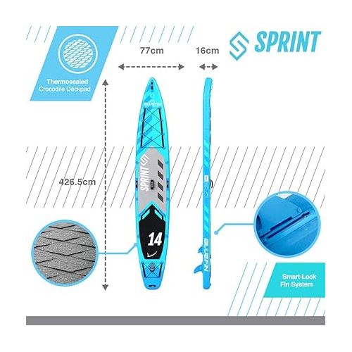  Bluefin SUP Stand Up Inflatable Paddle Board | 14' Sprint Model | Touring/Race Model | Complete with All Accessories
