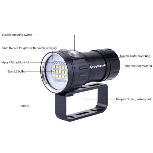  Bluehorse bluehorse Dive Light, Dive Lights,18000 Lumen Ipx8 Waterproof Diving Flashlight, 7 Modes 120 Wide Beam 500m Light Irradiation Range Underwater 80m Led Flashlight Submersible Lights