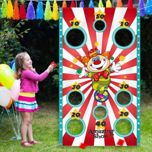  [아마존베스트]Carnival Party Decoration Supply Set, 8 Holes Carnival Clown Toss Game Banner with 3 Bean Bags and 9.8 ft Rope for Kids and Adults in Carnival Party Activities