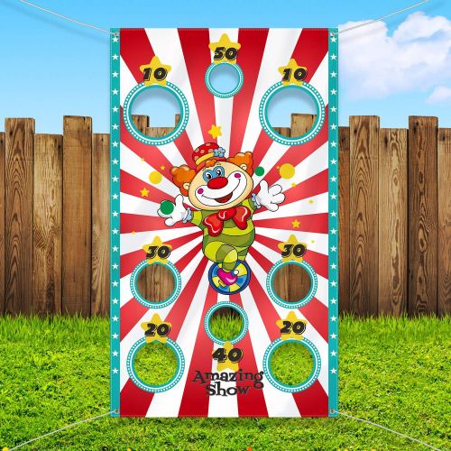  [아마존베스트]Carnival Party Decoration Supply Set, 8 Holes Carnival Clown Toss Game Banner with 3 Bean Bags and 9.8 ft Rope for Kids and Adults in Carnival Party Activities