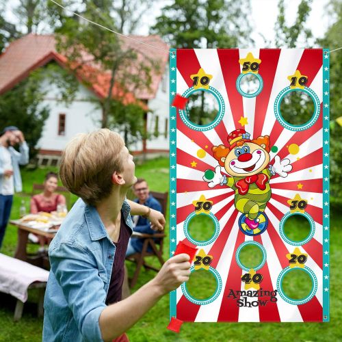  [아마존베스트]Carnival Party Decoration Supply Set, 8 Holes Carnival Clown Toss Game Banner with 3 Bean Bags and 9.8 ft Rope for Kids and Adults in Carnival Party Activities