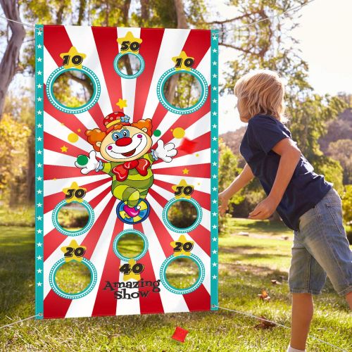  [아마존베스트]Carnival Party Decoration Supply Set, 8 Holes Carnival Clown Toss Game Banner with 3 Bean Bags and 9.8 ft Rope for Kids and Adults in Carnival Party Activities